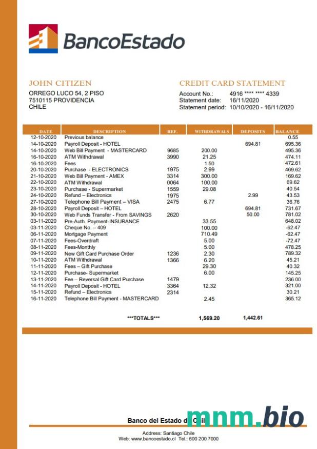 Chile Banco del Estado de Chile wyciąg bankowy łatwy do wypełnienia szablon .xls i .format pliku pdf
